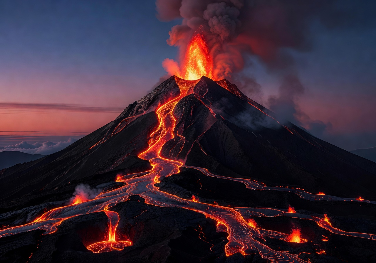 Active volcano with flowing magma and glowing lava rivers at twilight
