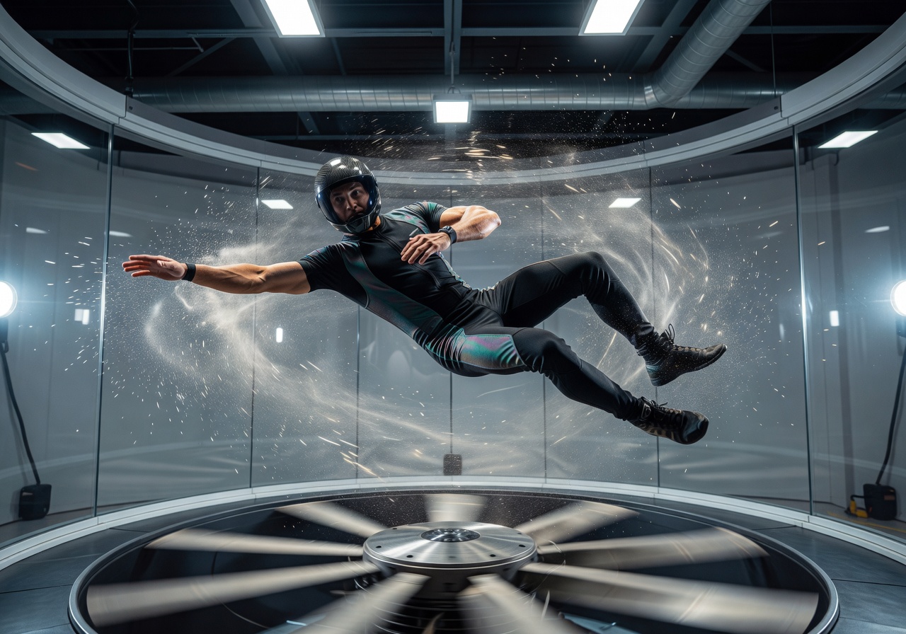 Advanced indoor skydiver performing acrobatic maneuvers in high-speed wind tunnel