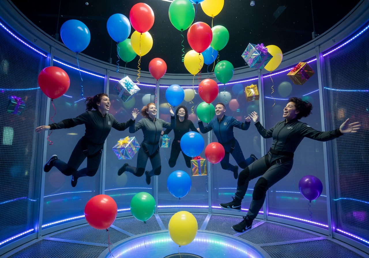 Birthday celebration with balloons and LED lighting in the Zero-G indoor skydiving facility