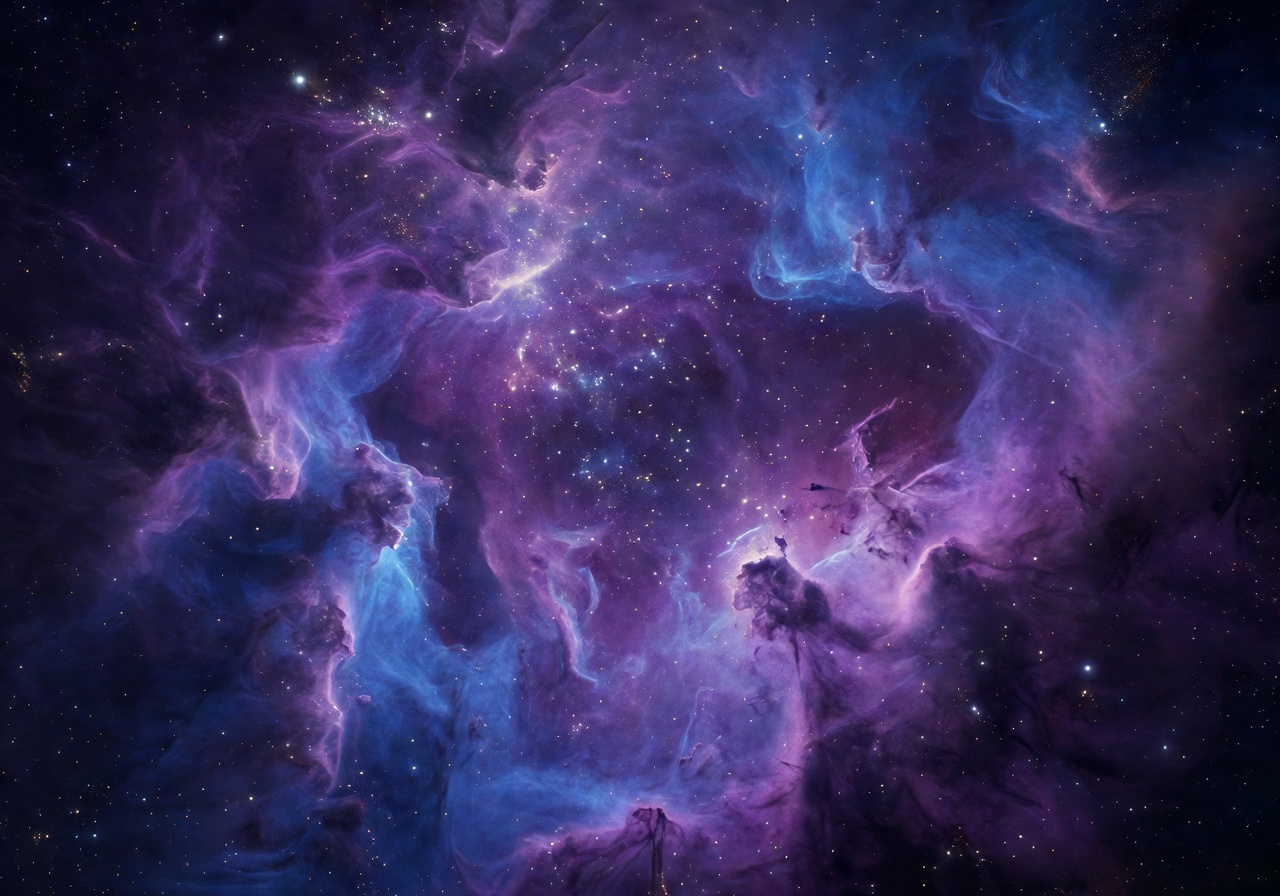 Colorful deep space nebula with swirling purple and blue cosmic clouds and distant stars