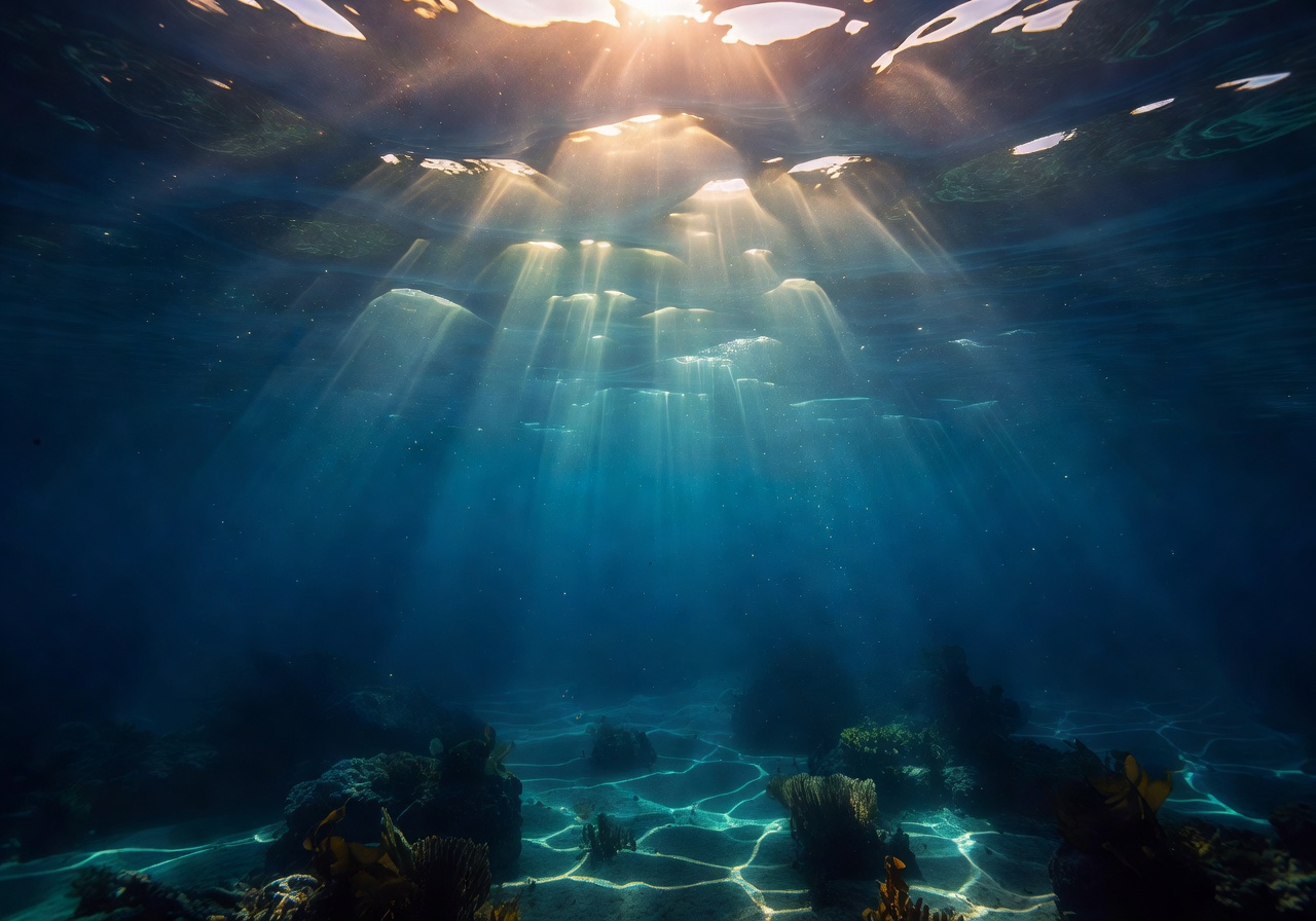 Crystal clear underwater ocean scene with rays of sunlight penetrating the deep blue abyss