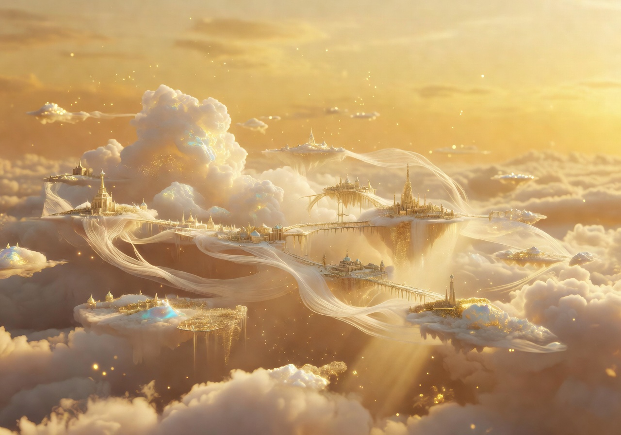 Ethereal cloud formations in a golden sky creating a magical floating kingdom atmosphere