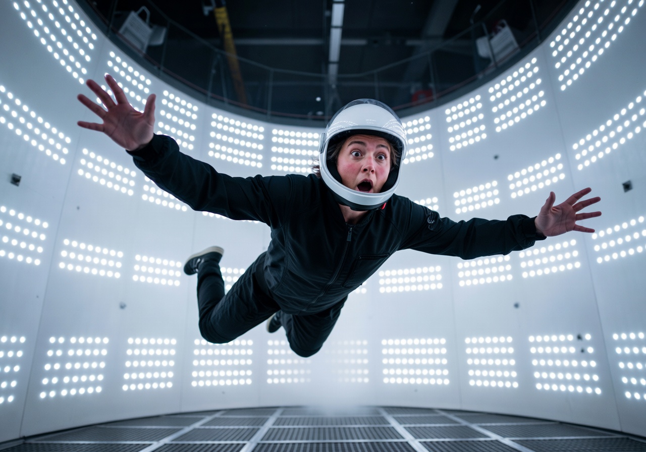 First-time flyer experiencing weightlessness inside illuminated vertical wind tunnel