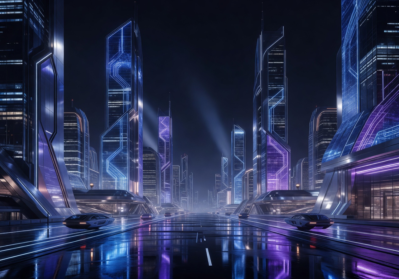 Futuristic neon-lit cityscape at night with glowing blue and purple skyscrapers