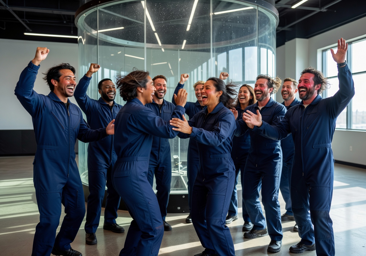 Group of corporate team members celebrating after indoor skydiving team building event
