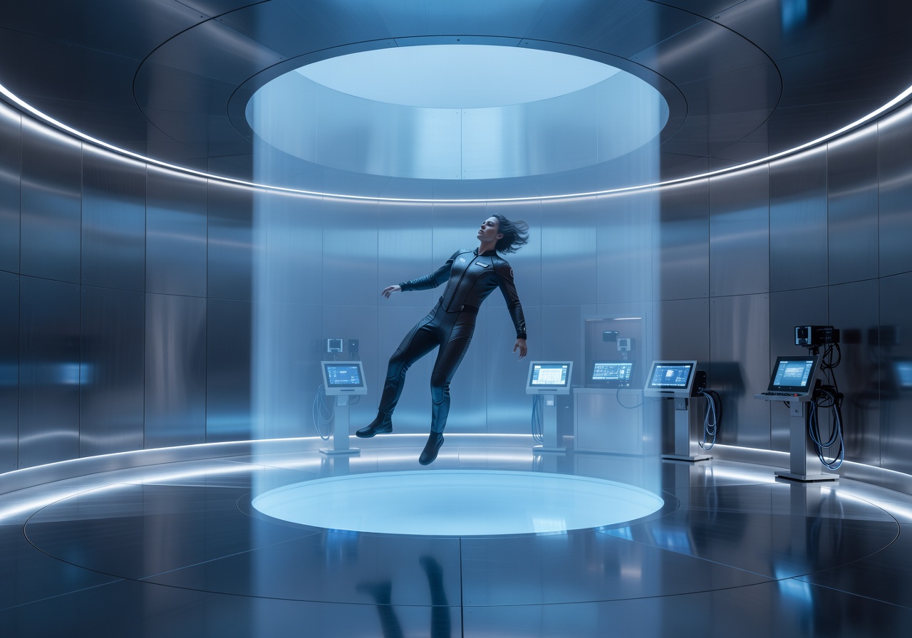 Interior of the Zero-G facility showing the modern wind tunnel chamber with blue ambient lighting
