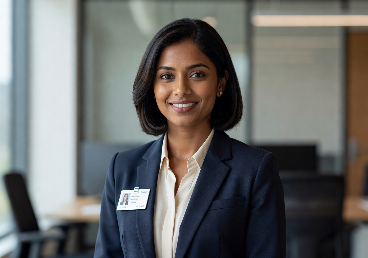 Portrait of Aisha Patel, Safety Director, professional woman with warm smile
