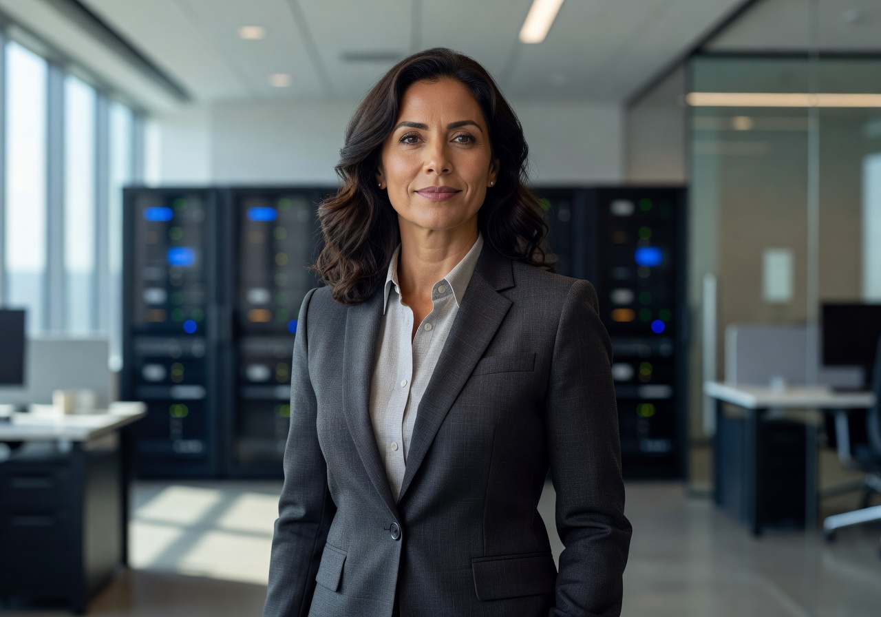 Portrait of Dr. Elena Vasquez, CTO, woman in professional tech attire