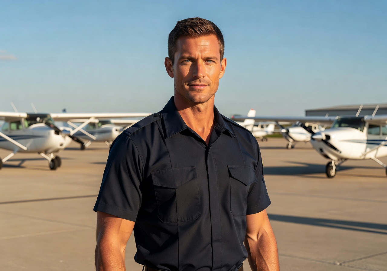 Portrait of Jake Morrison, Head Flight Instructor, athletic man with confident expression