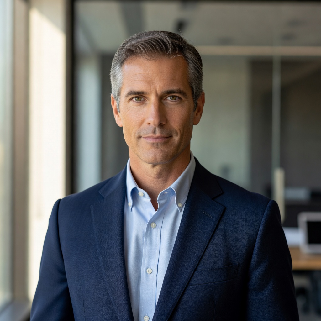 Portrait of James R., professional man in business casual