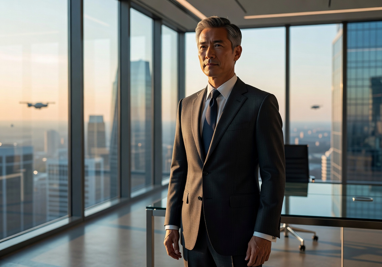 Portrait of Marcus Chen, CEO and co-founder of Zero-G, wearing a professional suit