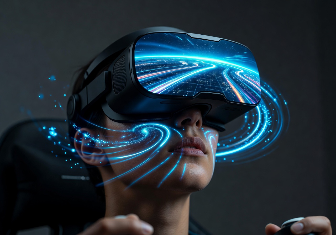 Virtual reality headset with neon blue light reflections representing immersive VR flight simulation